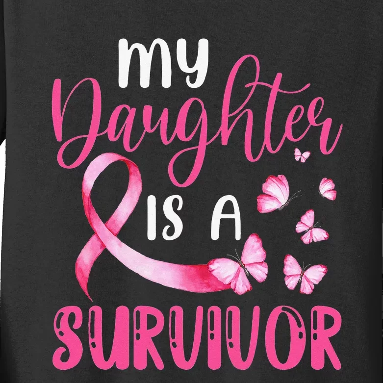 My Daughter Is A Survivor Breast Cancer Awareness Butterfly Kids Long Sleeve Shirt