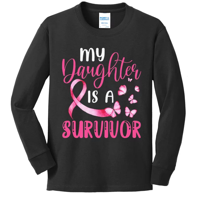 My Daughter Is A Survivor Breast Cancer Awareness Butterfly Kids Long Sleeve Shirt