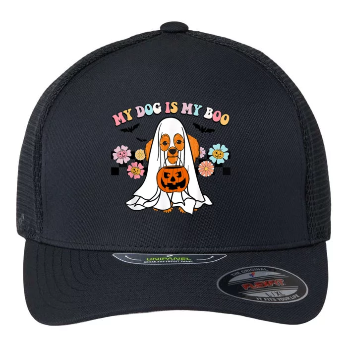 My Dog Is Boo Funny Poodle Ghost Lover Halloween Gift Flexfit Unipanel Trucker Cap