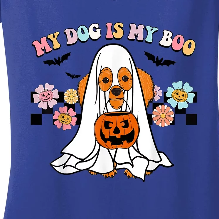 My Dog Is Boo Funny Poodle Ghost Lover Halloween Gift Women's V-Neck T-Shirt