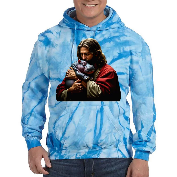 Moo Deng Jesus Christ Baby Hippo Animal Tie Dye Hoodie