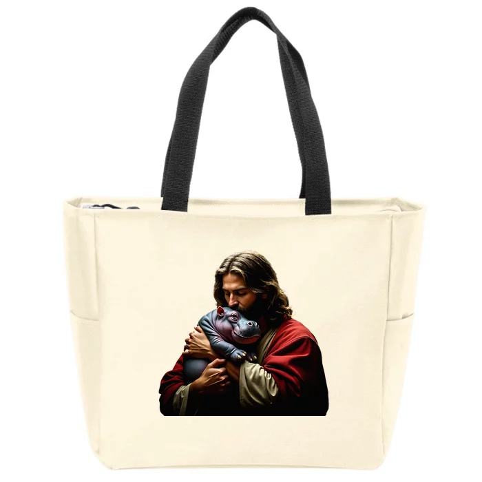 Moo Deng Jesus Christ Baby Hippo Animal Zip Tote Bag