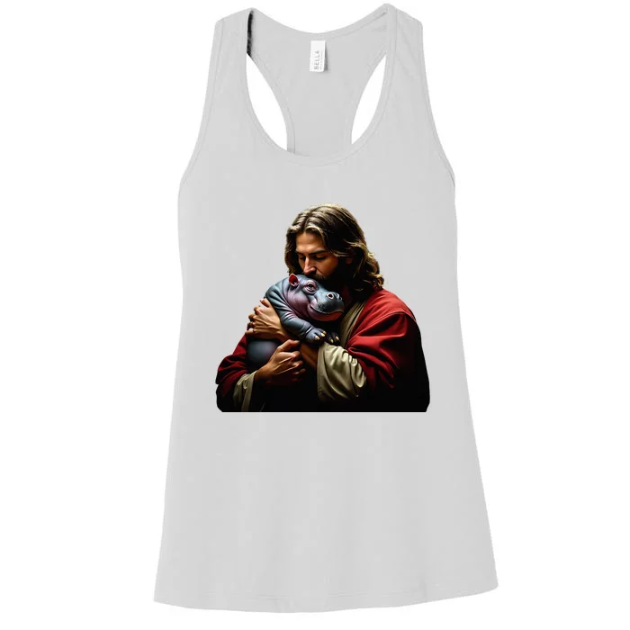 Moo Deng Jesus Christ Baby Hippo Animal Women's Racerback Tank