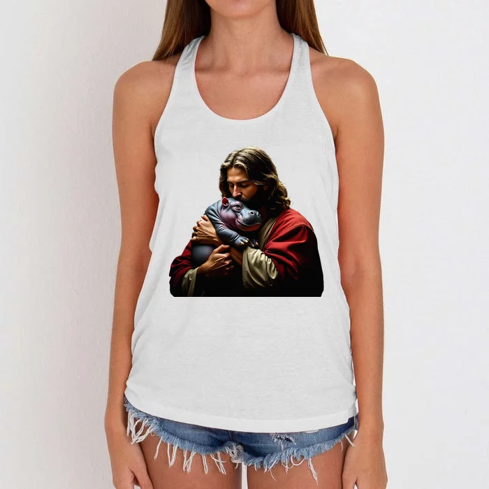 Moo Deng Jesus Christ Baby Hippo Animal Women's Knotted Racerback Tank