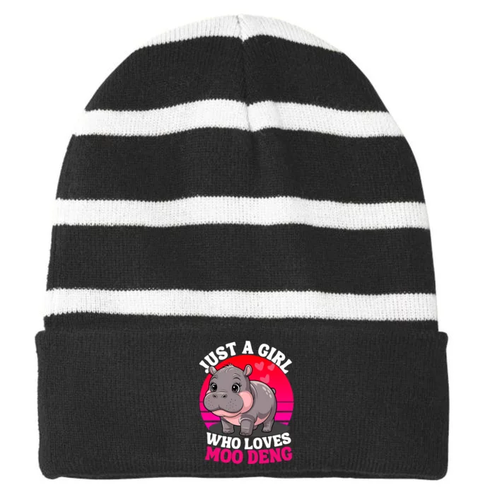 Moo Deng Just A Girl Who Loves Moo Deng Cute Baby Hippo Striped Beanie with Solid Band