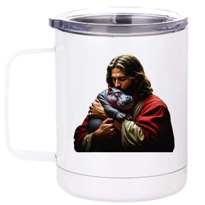 Moo Deng Jesus Christ Baby Hippo Animal Funny Christian Meme Front & Back 12oz Stainless Steel Tumbler Cup