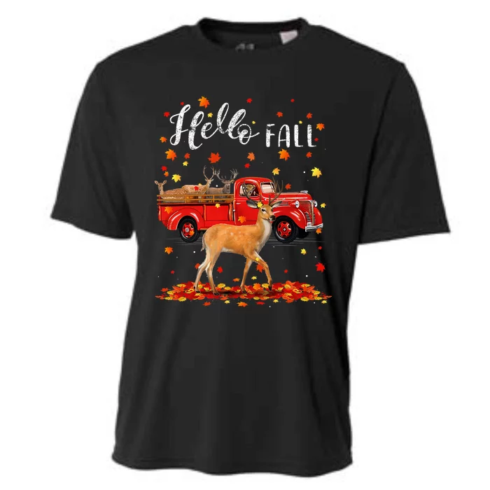 Maple Deer Leaf Fall Autumn Red Truck Gift Cooling Performance Crew T-Shirt