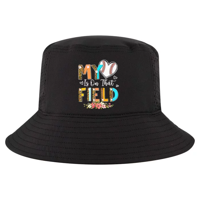 Mothers Day My Heart Is On That Field Leopard Baseball Mom Cool Comfort Performance Bucket Hat