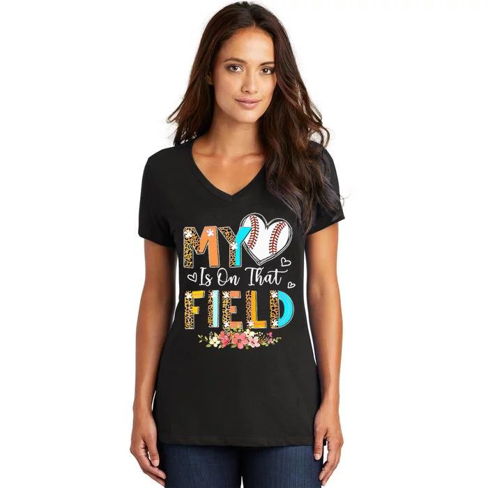 Mothers Day My Heart Is On That Field Leopard Baseball Mom Women's V-Neck T-Shirt