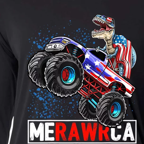 Merica Dinosaur Monster Truck 4th of July American Flag Boy Cooling Performance Long Sleeve Crew