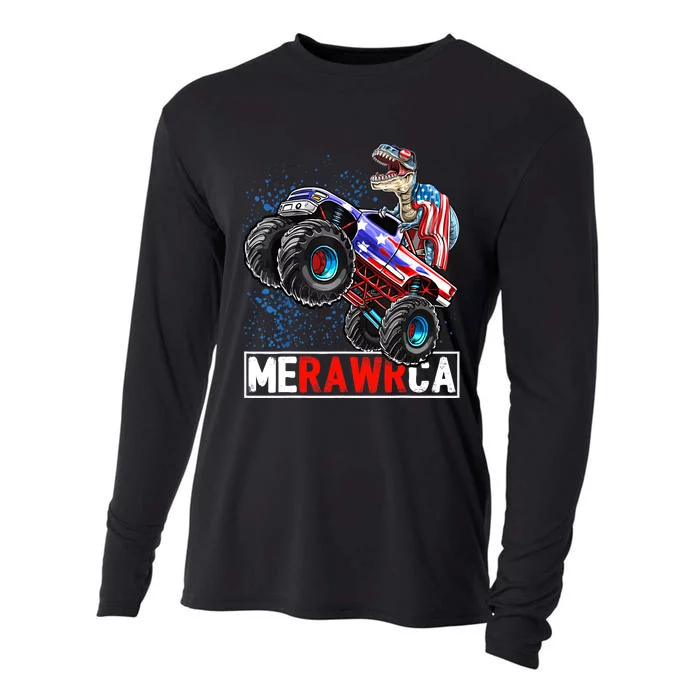 Merica Dinosaur Monster Truck 4th of July American Flag Boy Cooling Performance Long Sleeve Crew