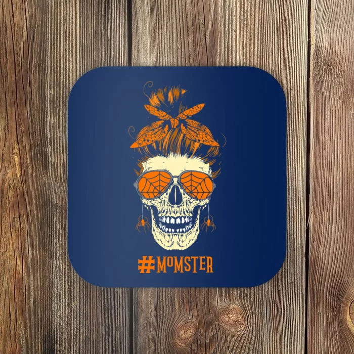 Momster Design Messy Bun Skull Halloween Mom Coaster