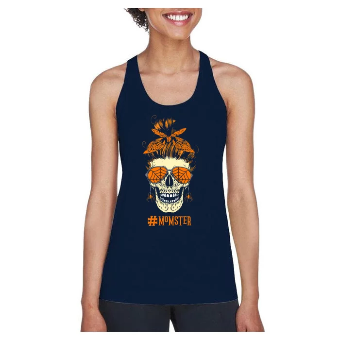 Momster Design Messy Bun Skull Halloween Mom Women's Racerback Tank