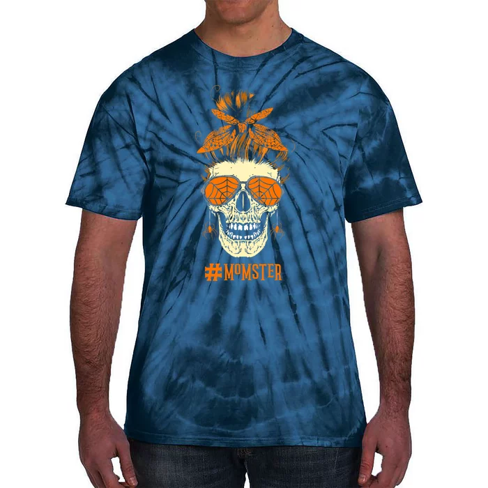 Momster Design Messy Bun Skull Halloween Mom Tie-Dye T-Shirt