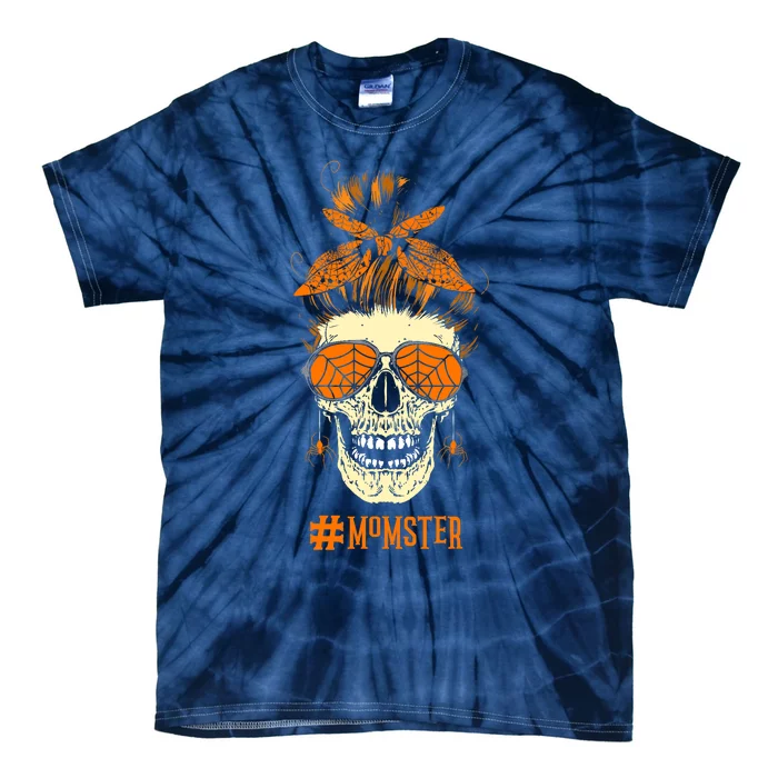 Momster Design Messy Bun Skull Halloween Mom Tie-Dye T-Shirt