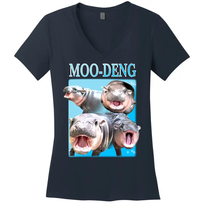 Moo Deng Meme Hippo Funny Women's V-Neck T-Shirt