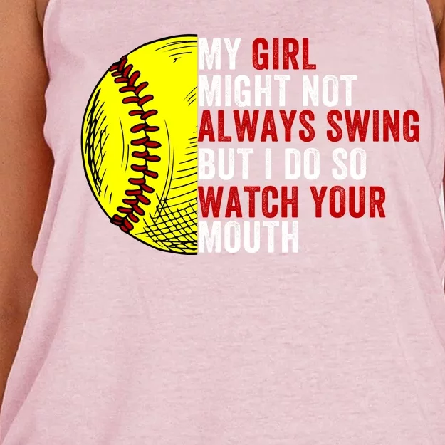 My Daughter Might Not Always Swing But I Do So Watch Your Mouth Softball Player Women's Knotted Racerback Tank