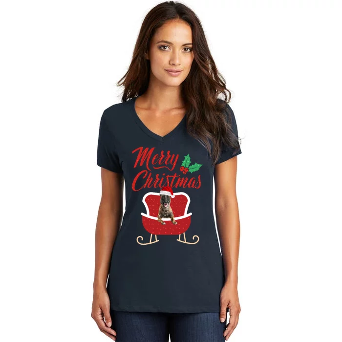 Malinois Dog Merry Christmas Design For The Holiday Season! Women's V-Neck T-Shirt