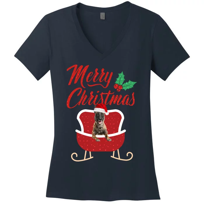 Malinois Dog Merry Christmas Design For The Holiday Season! Women's V-Neck T-Shirt