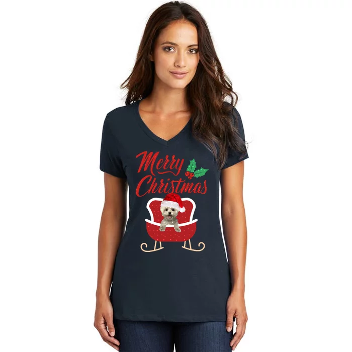 Maltese Dog Merry Christmas Design For The Holiday Season! Women's V-Neck T-Shirt