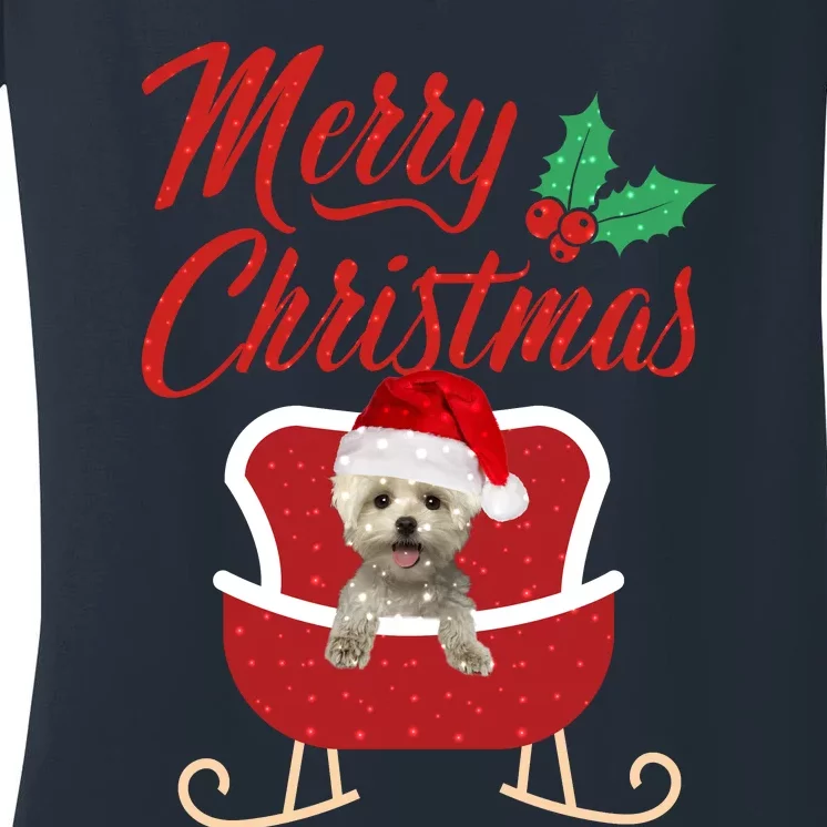 Maltese Dog Merry Christmas Design For The Holiday Season! Women's V-Neck T-Shirt