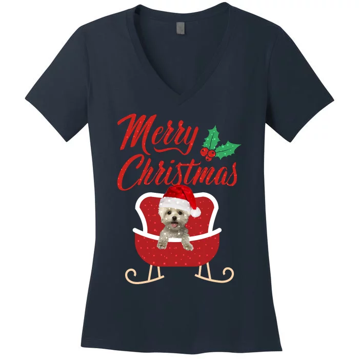 Maltese Dog Merry Christmas Design For The Holiday Season! Women's V-Neck T-Shirt