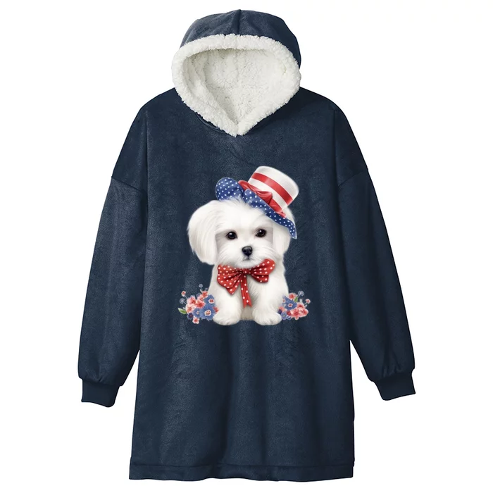 Maltese Dog Puppy USA Flag American Dogs Patriotic 4th Of July Hooded Wearable Blanket