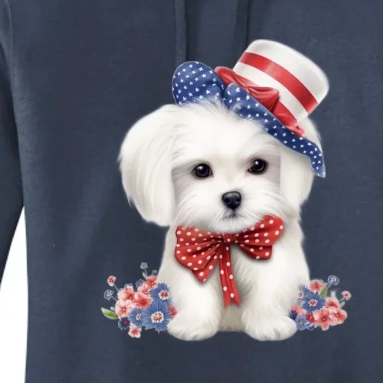 Maltese Dog Puppy USA Flag American Dogs Patriotic 4th Of July Women's Pullover Hoodie