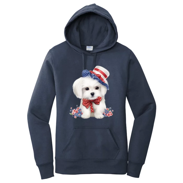 Maltese Dog Puppy USA Flag American Dogs Patriotic 4th Of July Women's Pullover Hoodie