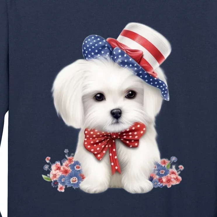 Maltese Dog Puppy USA Flag American Dogs Patriotic 4th Of July Tall Long Sleeve T-Shirt