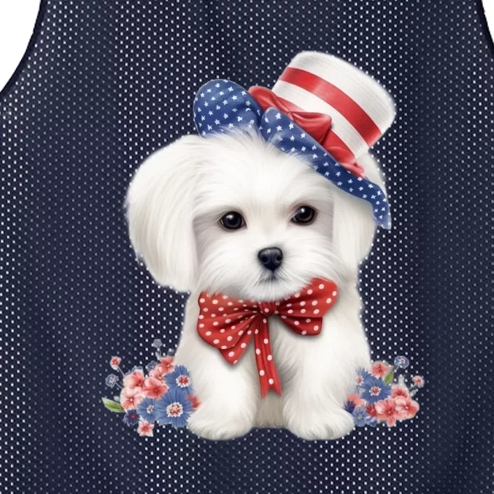 Maltese Dog Puppy USA Flag American Dogs Patriotic 4th Of July Mesh Reversible Basketball Jersey Tank