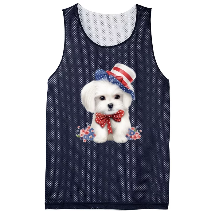 Maltese Dog Puppy USA Flag American Dogs Patriotic 4th Of July Mesh Reversible Basketball Jersey Tank