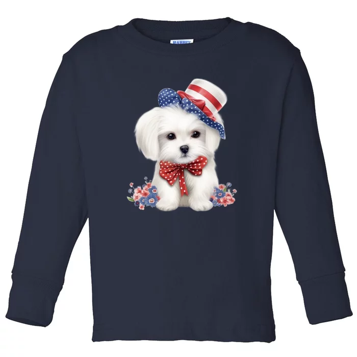 Maltese Dog Puppy USA Flag American Dogs Patriotic 4th Of July Toddler Long Sleeve Shirt