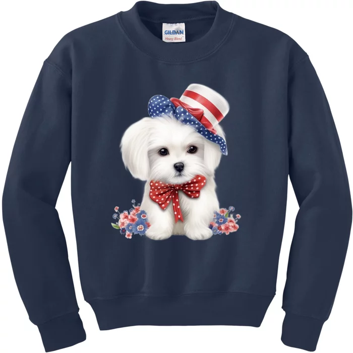 Maltese Dog Puppy USA Flag American Dogs Patriotic 4th Of July Kids Sweatshirt