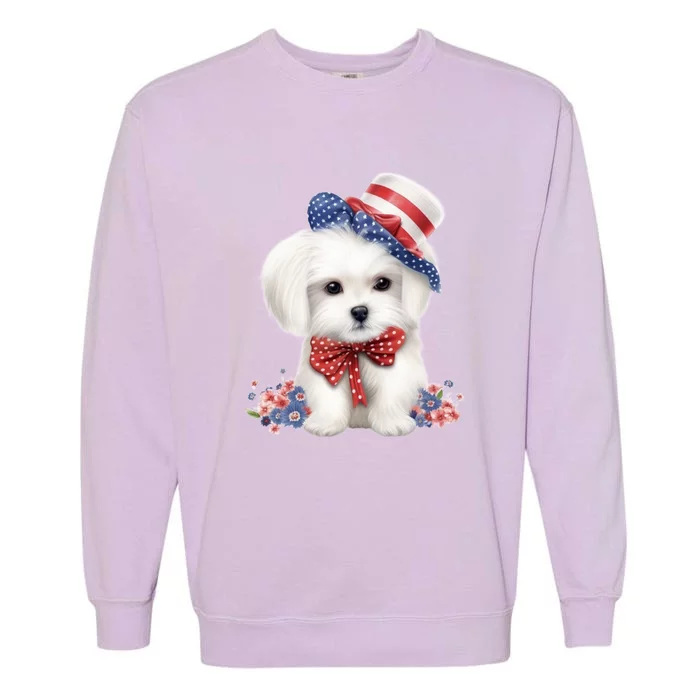 Maltese Dog Puppy USA Flag American Dogs Patriotic 4th Of July Garment-Dyed Sweatshirt