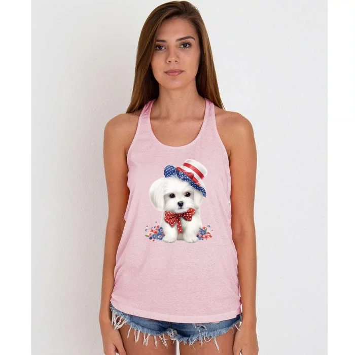 Maltese Dog Puppy USA Flag American Dogs Patriotic 4th Of July Women's Knotted Racerback Tank