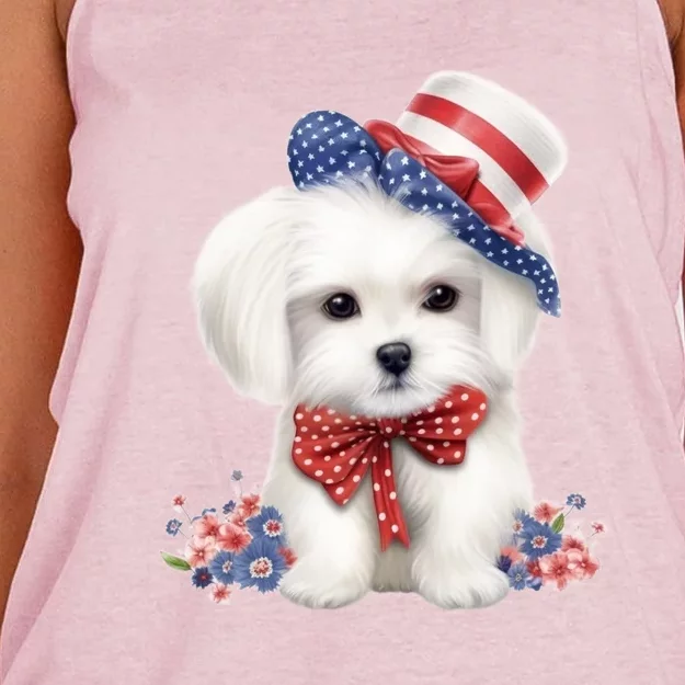 Maltese Dog Puppy USA Flag American Dogs Patriotic 4th Of July Women's Knotted Racerback Tank