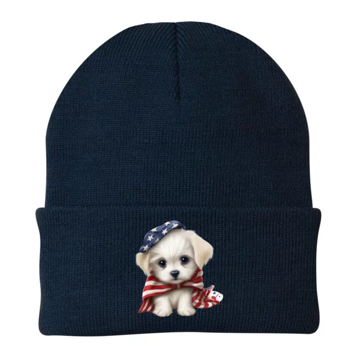 Maltese Dog Puppy USA Flag American Dogs Patriotic 4th Of July Knit Cap Winter Beanie