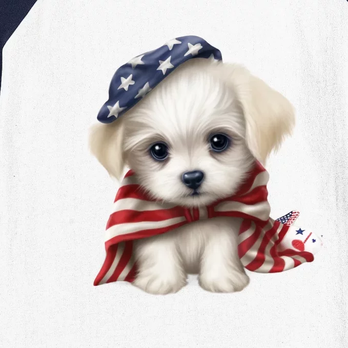 Maltese Dog Puppy USA Flag American Dogs Patriotic 4th Of July Baseball Sleeve Shirt