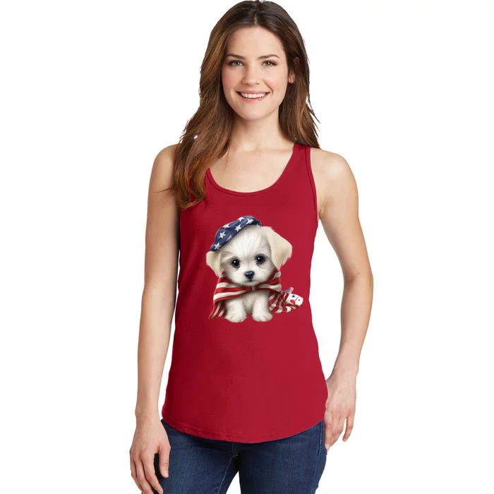 Maltese Dog Puppy USA Flag American Dogs Patriotic 4th Of July Ladies Essential Tank