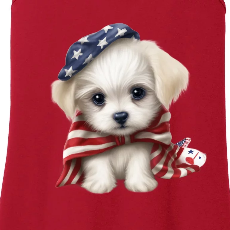 Maltese Dog Puppy USA Flag American Dogs Patriotic 4th Of July Ladies Essential Tank