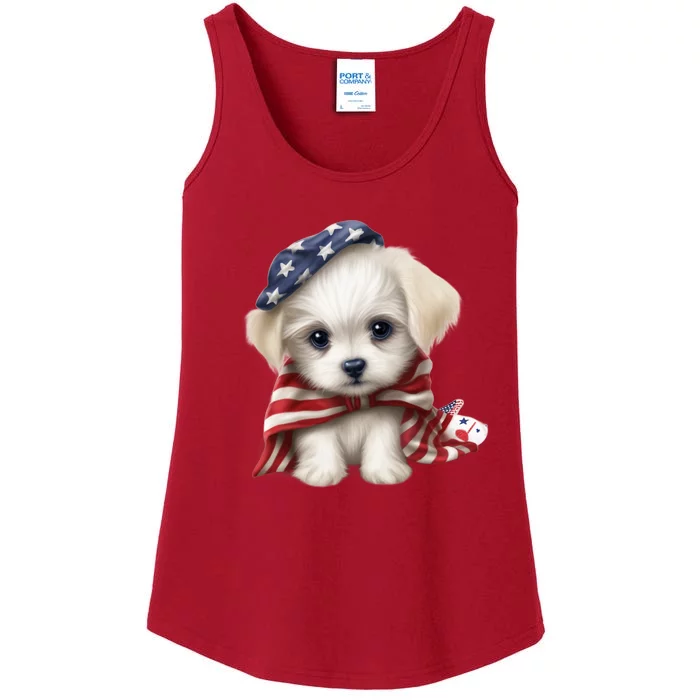 Maltese Dog Puppy USA Flag American Dogs Patriotic 4th Of July Ladies Essential Tank