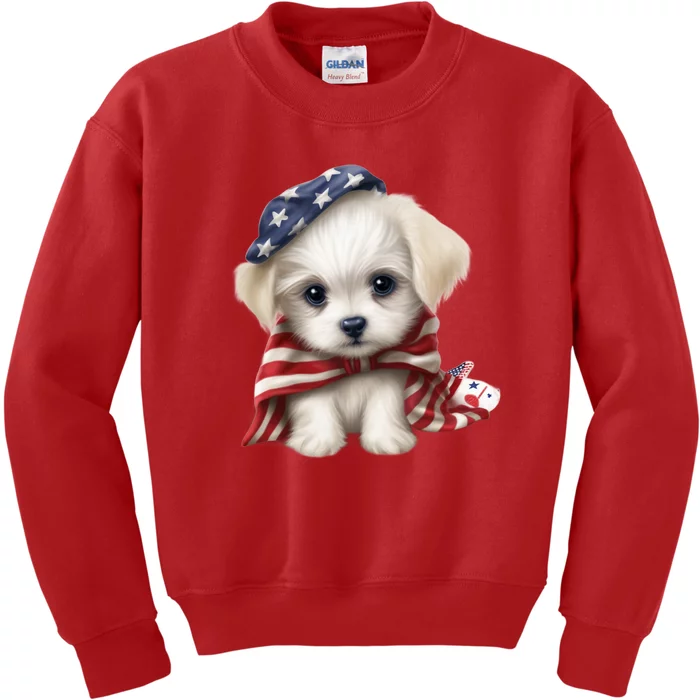 Maltese Dog Puppy USA Flag American Dogs Patriotic 4th Of July Kids Sweatshirt