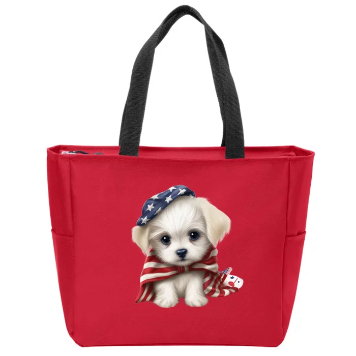 Maltese Dog Puppy USA Flag American Dogs Patriotic 4th Of July Zip Tote Bag