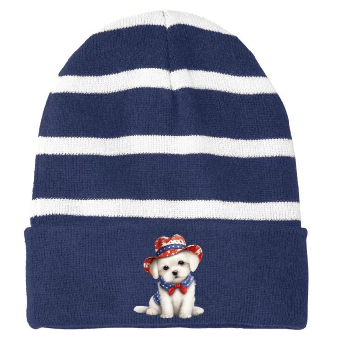 Maltese Dog Puppy USA Flag Hat American Dogs 4th Of July Striped Beanie with Solid Band