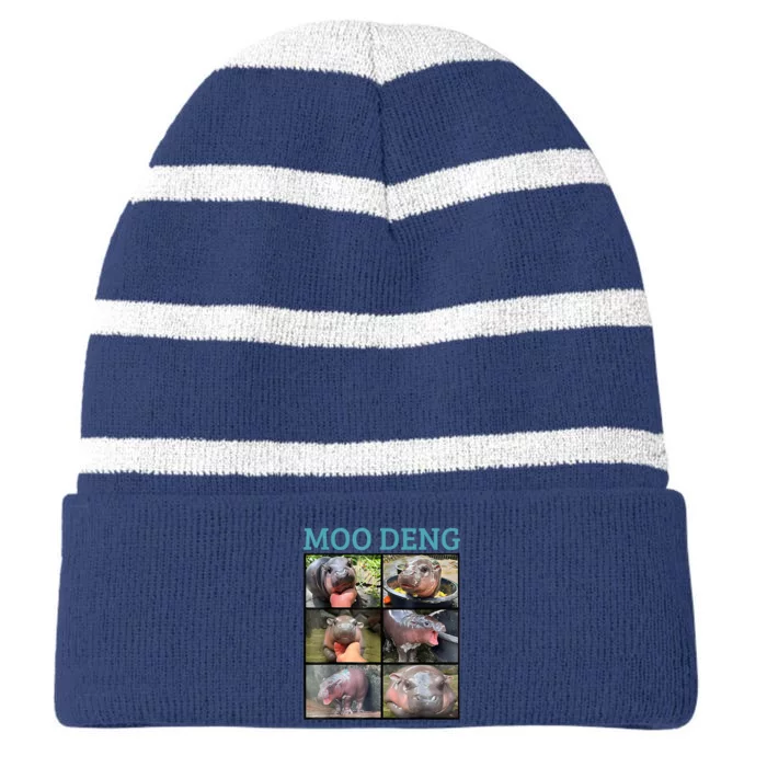 Moo Deng Picture Meme Funny Hippo Striped Beanie with Solid Band