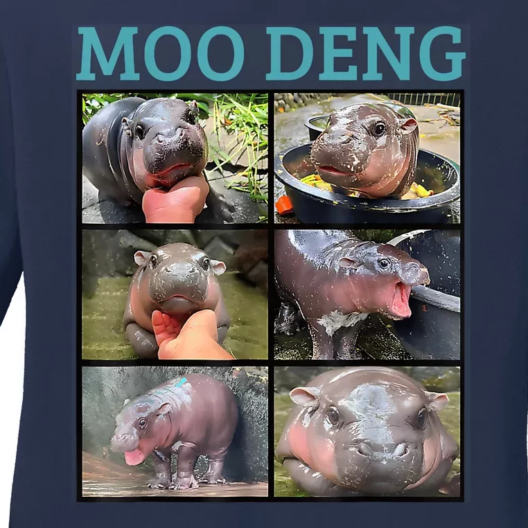 Moo Deng Picture Meme Funny Hippo Ladies Long Sleeve Shirt