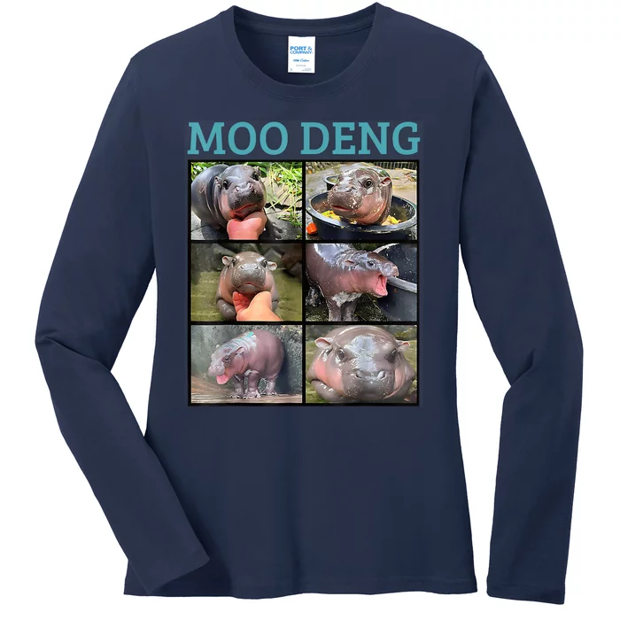 Moo Deng Picture Meme Funny Hippo Ladies Long Sleeve Shirt