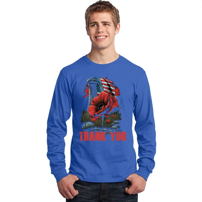 Memorial Day Red Poppy Flower Fallen Hero Veteran Usa Flag Cute Gift Tall Long Sleeve T-Shirt