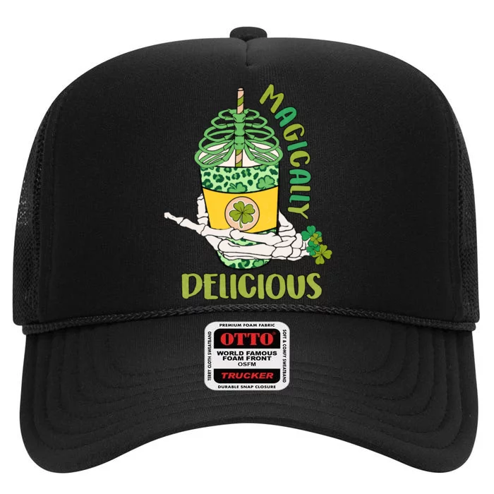 Magically Delicious Retro Shamrock Coffee Latte Patricks Day High Crown Mesh Trucker Hat